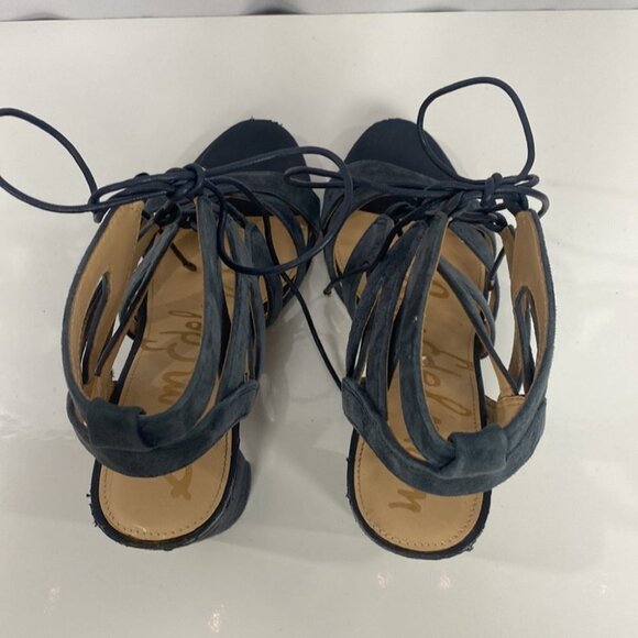 SAM EDELMAN Yardley Inky Black Blue SUEDE Strappy Lace-Up Block Heel - Size 7.5 - Picture 9 of 12